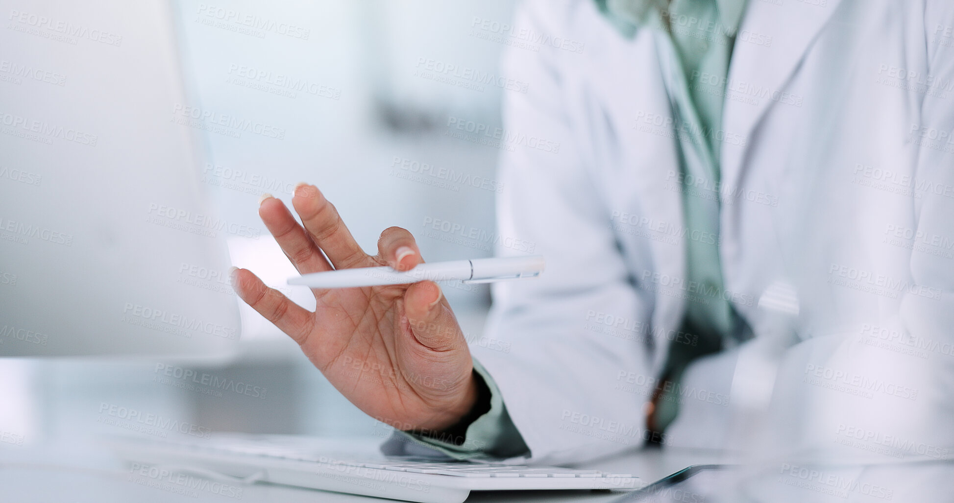 Buy stock photo Lab, hands or scientist on computer with pen for research, new study or problem solving. Closeup, science or person with technology for digital results, innovation or solution for medical development