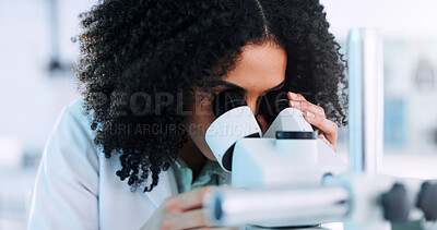 Buy stock photo Microscope, woman and scientist in laboratory with research on cell function for RNA development. Biotech, medical study and geneticist with equipment for DNA vaccine, pharmaceutical or immunology.