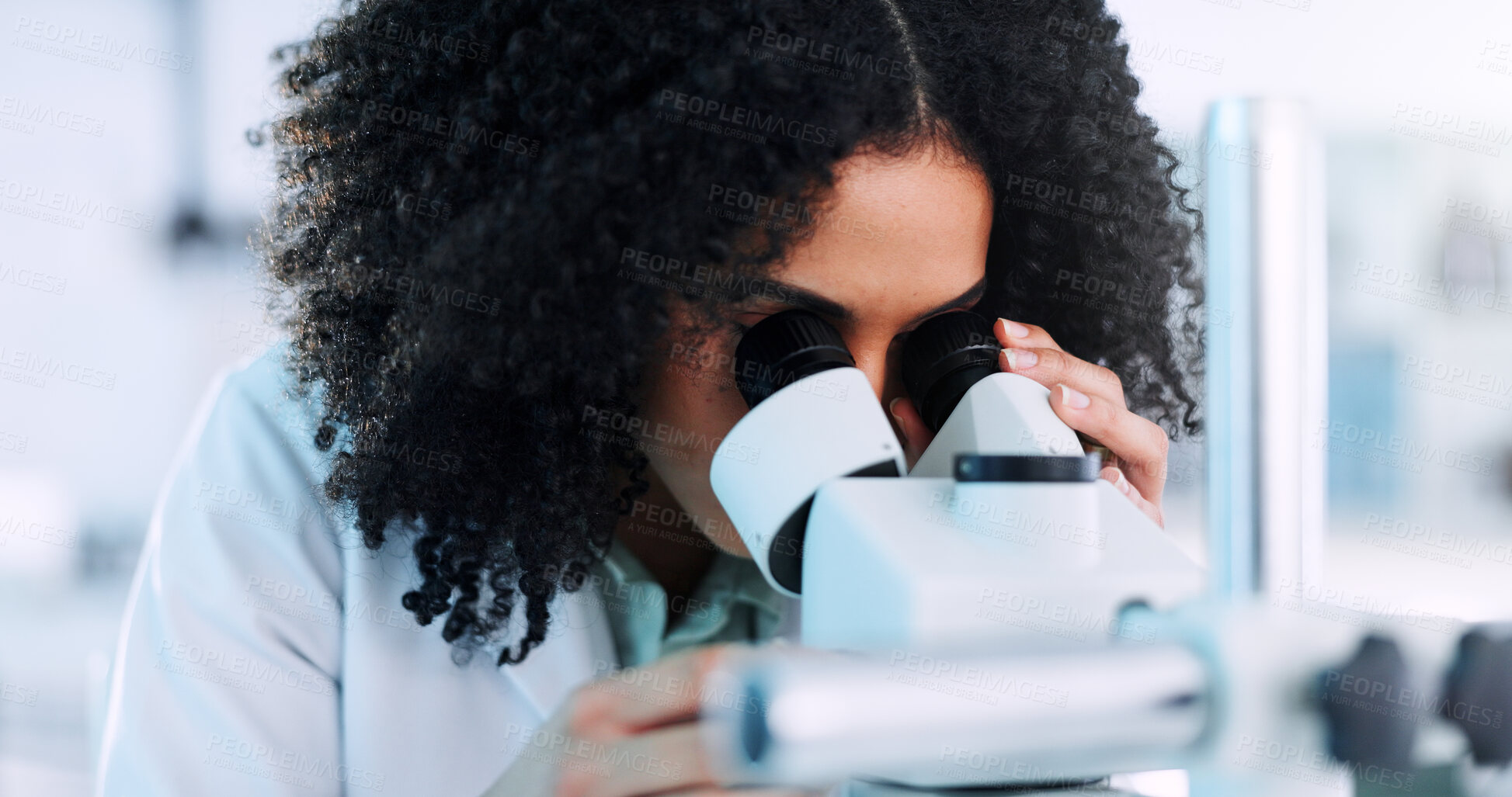 Buy stock photo Microscope, woman and scientist in laboratory with research on cell function for RNA development. Biotech, medical study and geneticist with equipment for DNA vaccine, pharmaceutical or immunology.