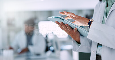 Buy stock photo Person, hands and scientist with tablet for results, medical research or new data study at laboratory. Closeup, science or checklist with technology for digital innovation or scientific development
