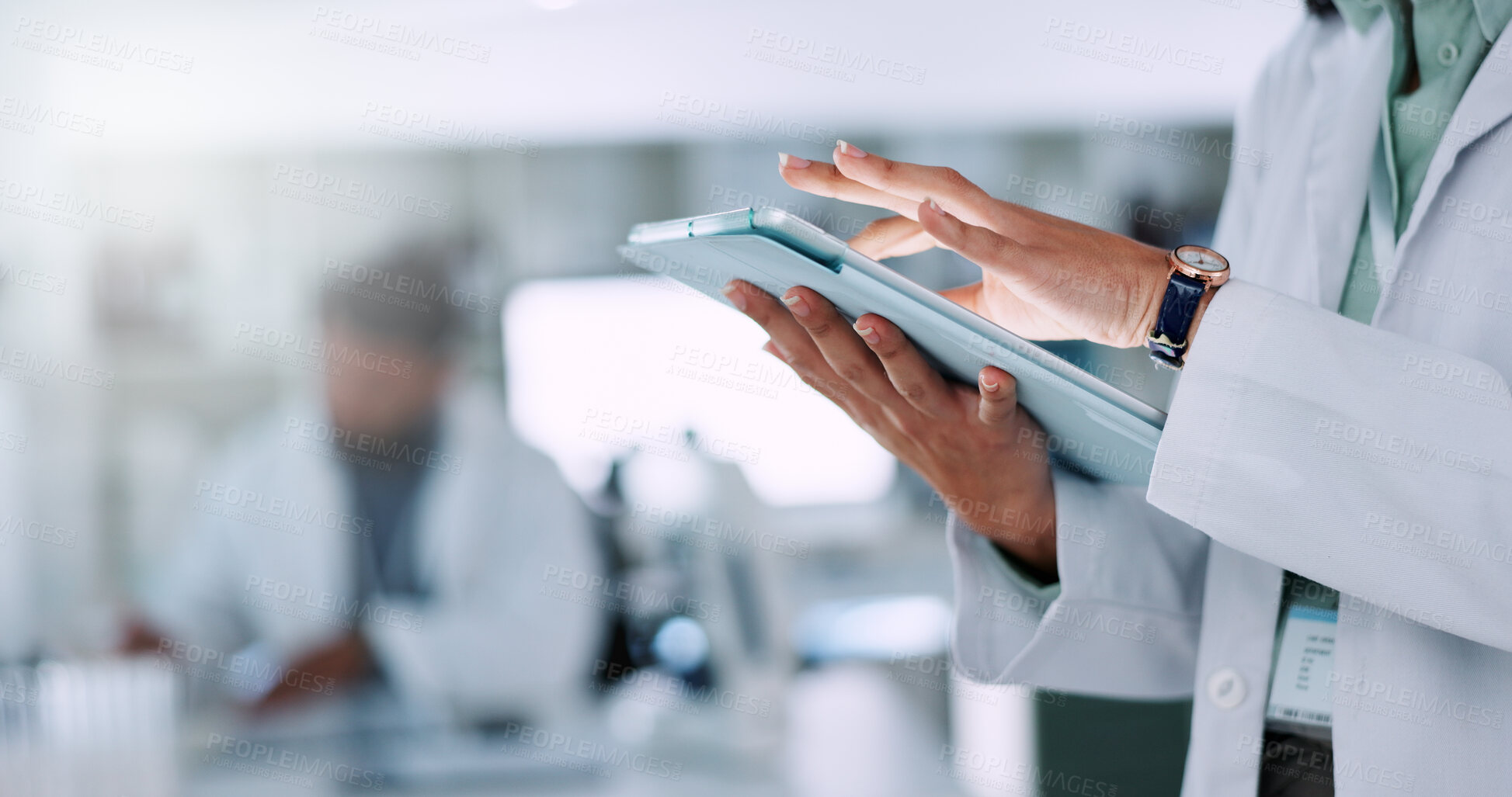 Buy stock photo Person, hands and scientist with tablet for results, medical research or new data study at laboratory. Closeup, science or checklist with technology for digital innovation or scientific development