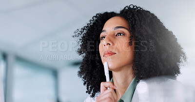 Buy stock photo Woman, scientist and thinking at lab, research and low angle with problem solving for vaccine development. Person, review and medical trial with perspective, insight and solution with pharma study