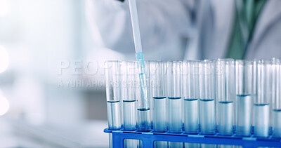 Buy stock photo Science, liquid and test tubes with chemical in laboratory for experiment, research or project. Pharmaceutical, pipette and person with glass vials with solvent for medical innovation or analysis.