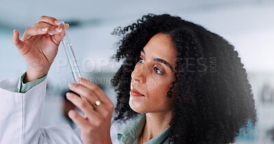 Buy stock photo Woman, chemical and scientist with test tube in laboratory for liquid experiment, research or project. Pharmaceutical, science and female biologist with glass vial with solvent for medical innovation