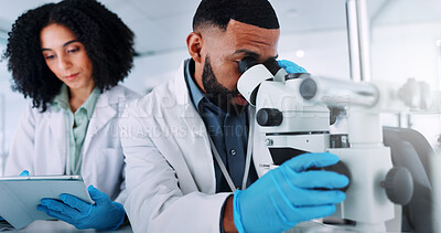 Buy stock photo Forensic team, scientist and microscope with tablet for exam, test results or new discovery at lab. Man, woman or science employees with biotechnology for medical research, analysis or development