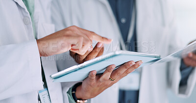Buy stock photo People, hands and scientist pointing with tablet for research, new study or scientific data at lab. Closeup, employees or science team with technology for results, innovation or medical development