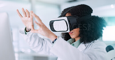 Buy stock photo Woman, scientist and simulation with VR for futuristic development or virtual planning at laboratory. Female person, science or medical research with technology for 3D, UX or scientific testing