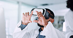 Innovation, scientist and man with vr headset, lab and tech to simulate surgical procedure and online. Research, medical professional and person with software for diagnosis, futuristic and pointing