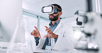 Buy stock photo Computer, scientist and man with VR headset, lab and tech for virtual analysis, innovation and futuristic. Science, medical research and professional with digital eyewear for augmented reality or web