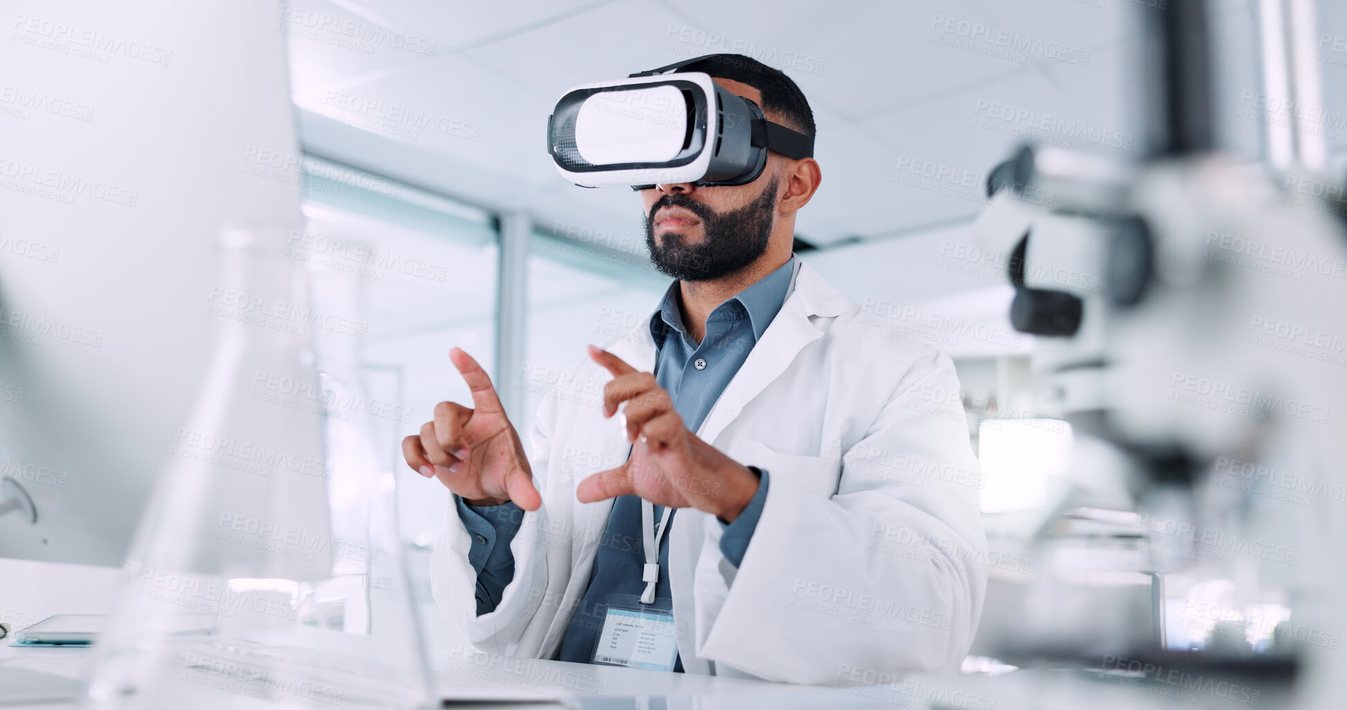 Buy stock photo Computer, scientist and man with VR headset, lab and tech for virtual analysis, innovation and futuristic. Science, medical research and professional with digital eyewear for augmented reality or web