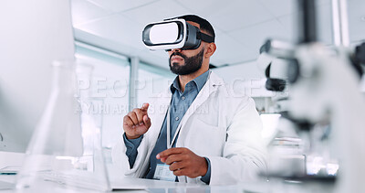 Buy stock photo Computer, scientist and man with vr headset, research and tech to simulate surgical procedure and lab. Innovation, medical professional and person with software for diagnosis, futuristic and pointing