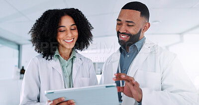 Buy stock photo Scientist, woman and man with tablet, happy and scroll for review, results or progress for pharmaceutical study. People, smile and digital touchscreen on app for clinical trial with medical research