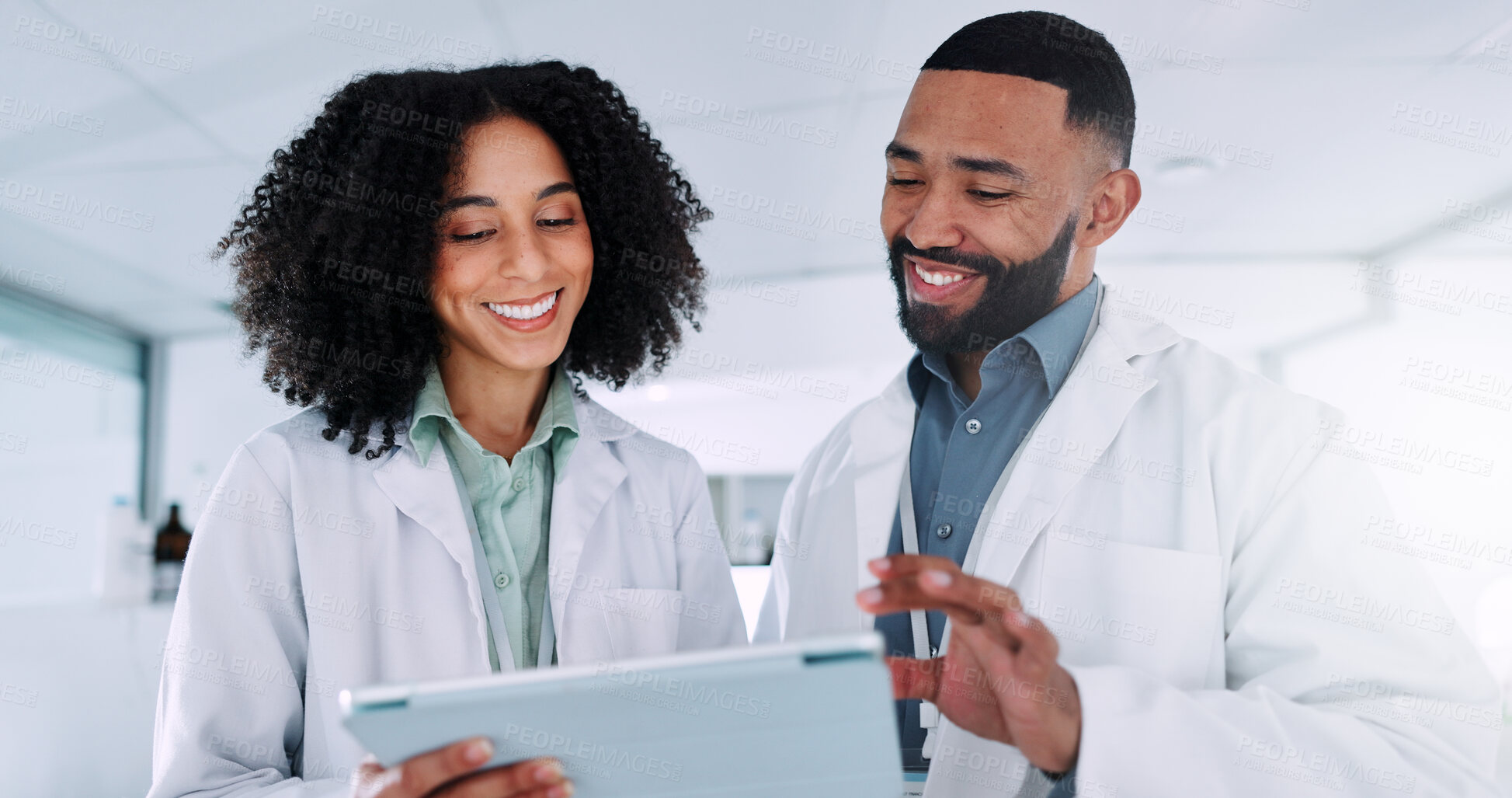 Buy stock photo Scientist, woman and man with tablet, happy and scroll for review, results or progress for pharmaceutical study. People, smile and digital touchscreen on app for clinical trial with medical research