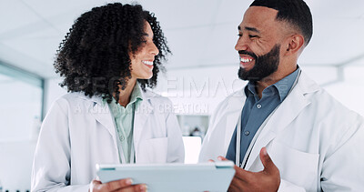 Buy stock photo Scientist, woman and man with tablet, smile and scroll for review, results or progress for pharmaceutical study. People, happy and digital touchscreen on app for clinical trial with medical research
