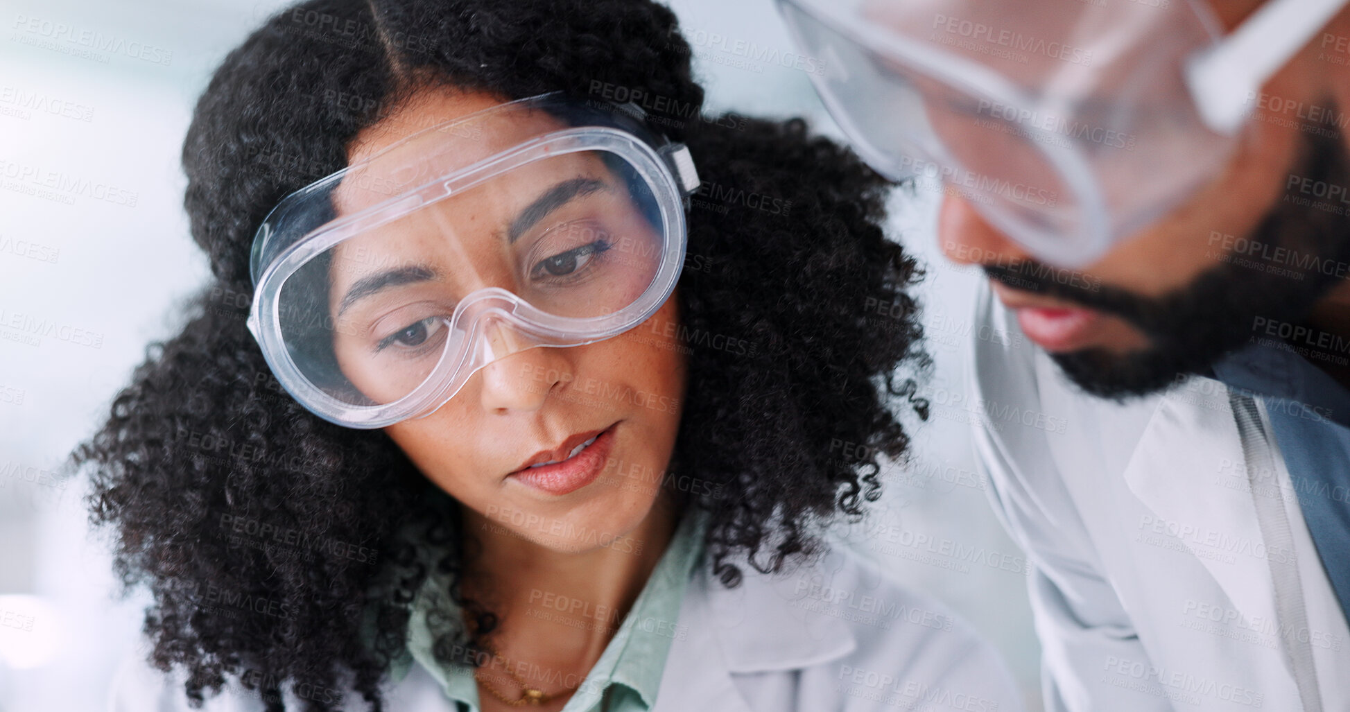 Buy stock photo Woman, man and scientist with goggles, discussion and review with safety for medical research. People, partner and team with ppe glasses, feedback and solution with pharmaceutical study at laboratory