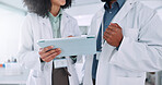 Scientist, hands and team with tablet at lab for review, results and check progress for pharmaceutical study. People, partner and digital touchscreen on app for clinical trial with medical research