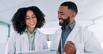 Buy stock photo Scientist, woman and man with tablet, medical research and excited for review, smile or solution for pharmaceutical study. People, team and digital touchscreen on app for clinical trial with results