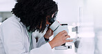 Woman, scientist or exam with microscope for test results, scientific study or new discovery at lab. Female person, science or analysis with technology for microscopic research or medical development