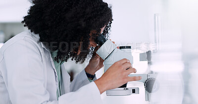 Buy stock photo Woman, scientist or exam with microscope for test results, scientific study or new discovery at lab. Female person, science or analysis with technology for microscopic research or medical development