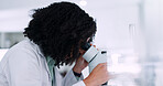 Woman, scientist or research with microscope for test results, scientific study or new discovery at lab. Female person, science or analysis with technology for microscopic exam or medical development