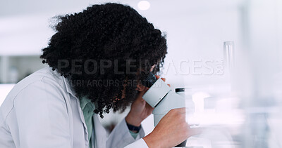 Buy stock photo Woman, scientist or research with microscope for test results, scientific study or new discovery at lab. Female person, science or analysis with technology for microscopic exam or medical development