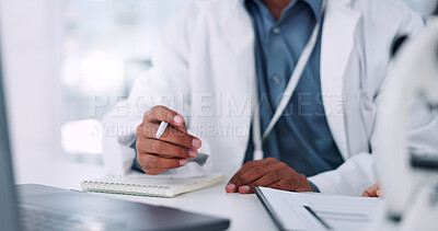 Buy stock photo Hands, book and doctor in hospital with research for healthcare consultation preparation. Pen, man and notes of surgeon planning surgery schedule with medical insurance information in clinic.