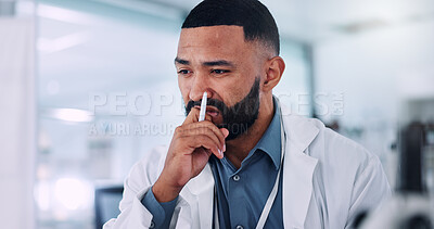 Buy stock photo Man, scientist and thinking at lab, confused and frustrated with vaccine development by computer. Person, review and clinical trial by pc, perspective or medical research with pharmaceutical solution