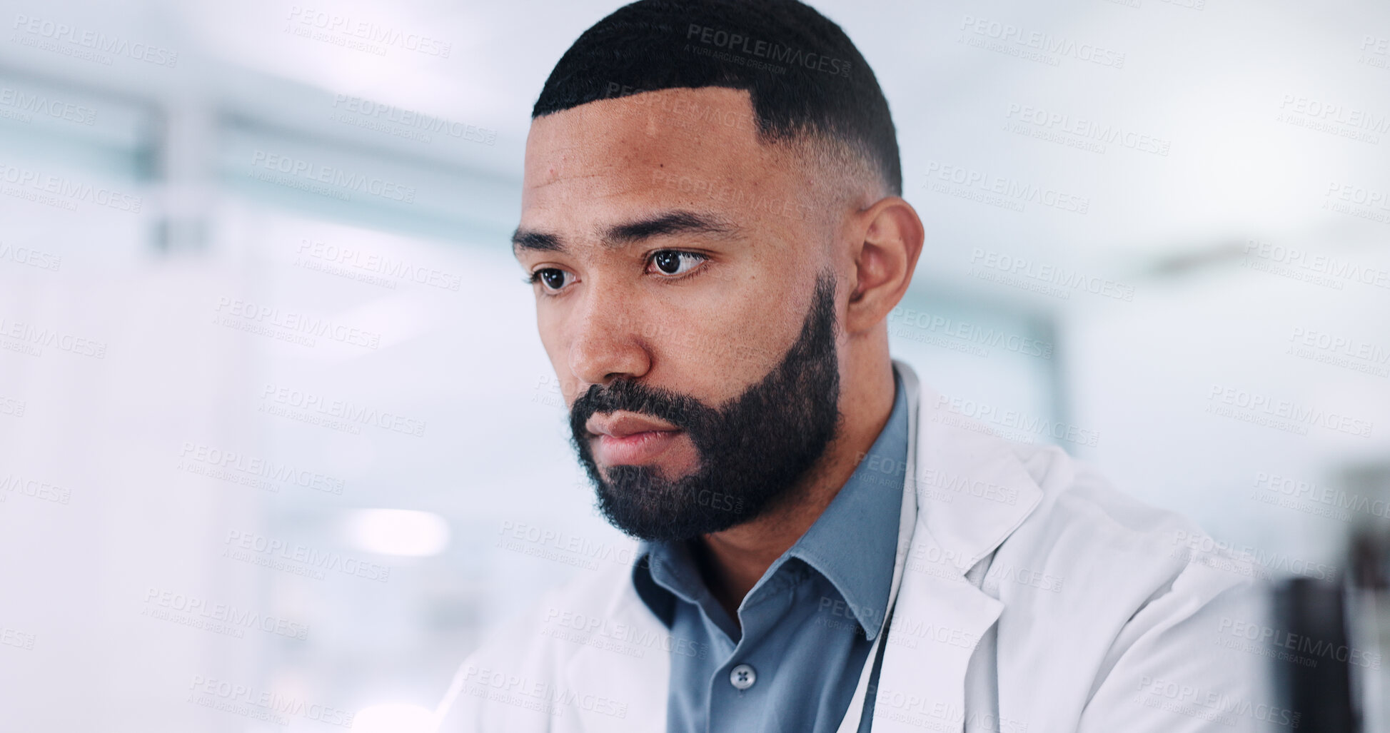 Buy stock photo Man, scientist and computer at lab, medical research and analysis for solution with vaccine development. Person, review and clinical trial for problem solving, innovation and pharmaceutical study