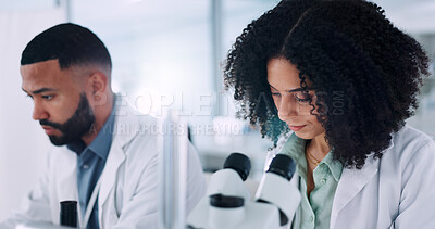 Buy stock photo Collaboration, microscope and science with people in laboratory together for medical research. Development, info and innovation with scientist team in clinical trial for pharmaceuticals or healthcare