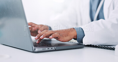 Buy stock photo Hands, man and scientist typing in lab for medical research, communication and experiment results. Person, laptop and study information for investigation feedback, discovery update and vaccine report