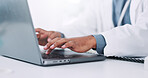 Hands, man and scientist typing in lab for medical research, communication and experiment results. Person, laptop and study information for investigation feedback, discovery update and vaccine report