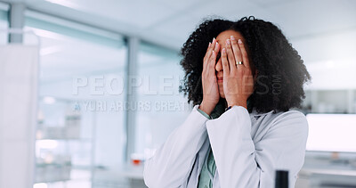Buy stock photo Frustrated woman, scientist or mistake with stress for anxiety, medical fail or science crisis at lab. Female person, health or employee with headache or migraine for wrong research, loss or setback