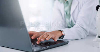 Buy stock photo Hands, scientist and typing on laptop in lab of medical research, checklist and experiment results. Person, online and study information of investigation feedback, discovery update and vaccine report