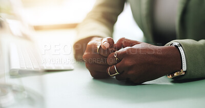 Buy stock photo Hands, anxiety and employee in office, waiting and nervous for disciplinary action, fingers and business. Corporate, shame and person with stress for feedback, crisis and warning for poor performance