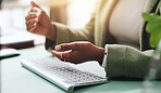 Hands, meeting and employee with ideas, video call and communication for proposal, speech and office. Online, presentation and person with explanation for virtual conference, conversation or business