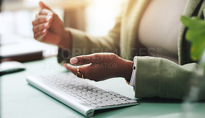 Buy stock photo Hands, meeting and employee with ideas, video call and communication for proposal, speech and office. Online, presentation and person with explanation for virtual conference, conversation or business