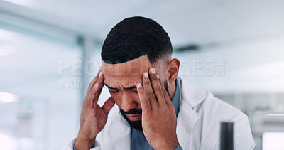 Buy stock photo Man, scientist or headache with stress for mistake, medical fail or crisis at laboratory. Frustrated, male person or health worker with migraine or anxiety for bad research, science setback or loss
