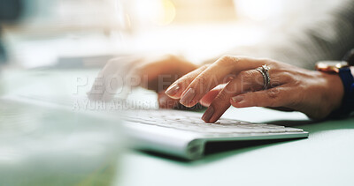 Buy stock photo Hands, keyboard and business person typing in office for research, report and journalism on internet. Writing, computer and closeup of woman working on news, article and creative story with email