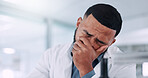 Frustrated man, scientist and mistake with stress for anxiety, depression or science crisis at labora. Male person, health or employee with headache or migraine for scientific fail, loss or setback