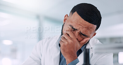 Buy stock photo Frustrated man, scientist and mistake with stress for anxiety, depression or science crisis at lab. Male person, health or employee with regret or brain fog for burnout, fail or setback at workplace