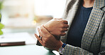 Wrist pain, hands and business woman in office with stress, injury or accident for muscle sprain. Arthritis, sore and female corporate lawyer with carpal tunnel, inflammation or fibromyalgia strain