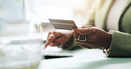 Business woman, hands and computer with credit card for online shopping, company purchase or banking finance. Procurement officer, employee and website for ecommerce, internet payment or subscription