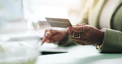 Buy stock photo Business woman, hands and computer with credit card for online shopping, company purchase or banking finance. Procurement officer, employee and website for ecommerce, internet payment or subscription