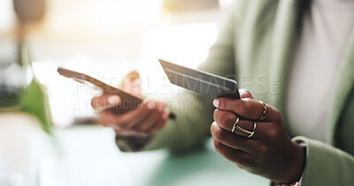 Buy stock photo Business woman, hands and phone with credit card for online shopping, banking purchase and rewards password. Closeup, employee and smartphone for ecommerce, internet payment and website subscription