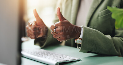 Buy stock photo Thumbs up, computer and hands of businesswoman in office with approval for investment. Closeup, agreement and female financial advisor with satisfaction gesture or emoji for profit in workplace.