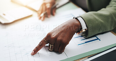 Hands, business person and pointing with documents, graphs and profit growth or sales analytics. Closeup, woman or financial advisor with calculator, paperwork and notes for charts or company revenue