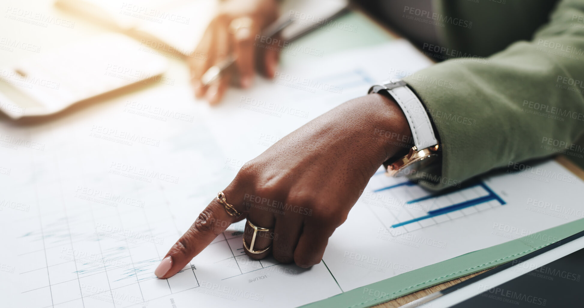 Buy stock photo Hands, business person and pointing with documents, graphs and profit growth or sales analytics. Closeup, woman or financial advisor with calculator, paperwork and notes for charts or company revenue