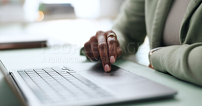 Buy stock photo Hands, laptop and business woman on trackpad for research, journalism or publish online. Computer, keyboard and closeup with professional news reporter for article, creative story or email in office