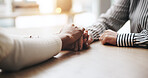 Comfort, holding hands and people by desk with care, love and support with help for emotions. Unity, grief and friends with connection for compassion with trust, empathy and hope in crisis in home.