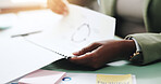 Hands, business person and document with proposal, graphs and profit growth or sales analytics. Closeup, woman or financial advisor with strategy, paperwork and notes for charts or company revenue